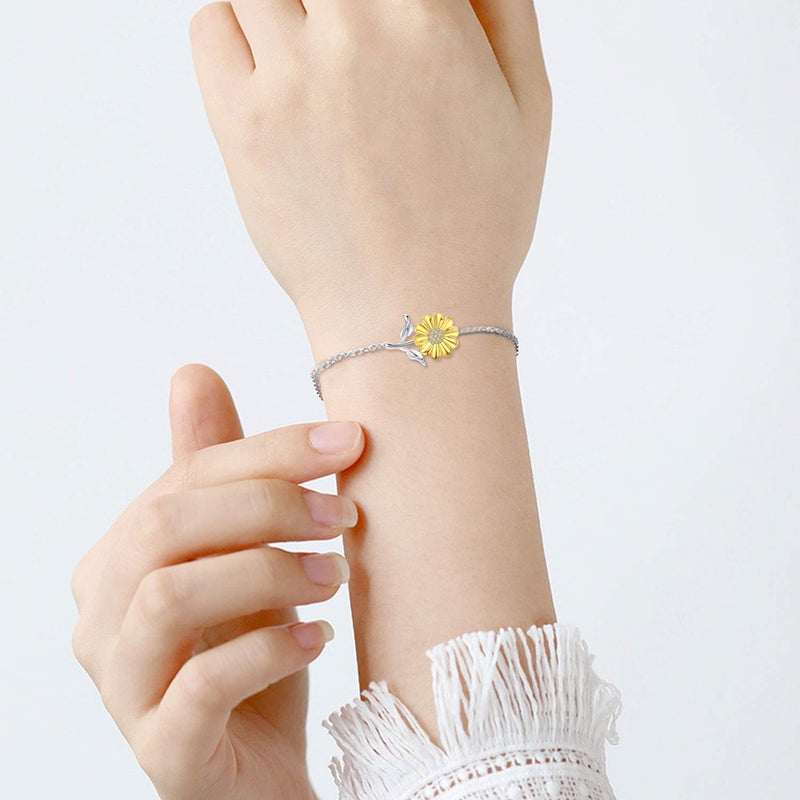 Cuoka Sunflower Bracelet 925 Sterling Silver Sunflower You Are My Sunshine Flower Floral Jewelry Sunflower Mother Day Gift Summer Jewelry for Women Girfriend with Gift Box for Valentine's Day Birthday Anniversary or Christmas Mother's Day - Image 3